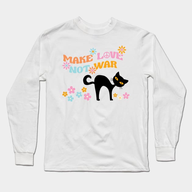 Retro Cat Make Love Not War Vintage Mid Century Cat Long Sleeve T-Shirt by MalibuSun